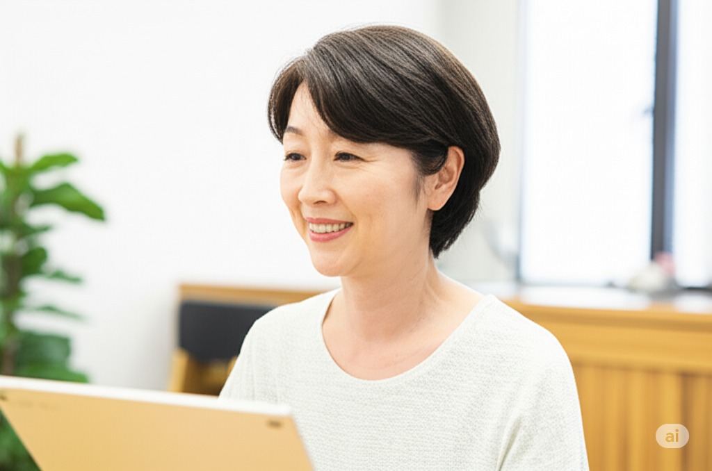 笑顔で家計簿を見る女性